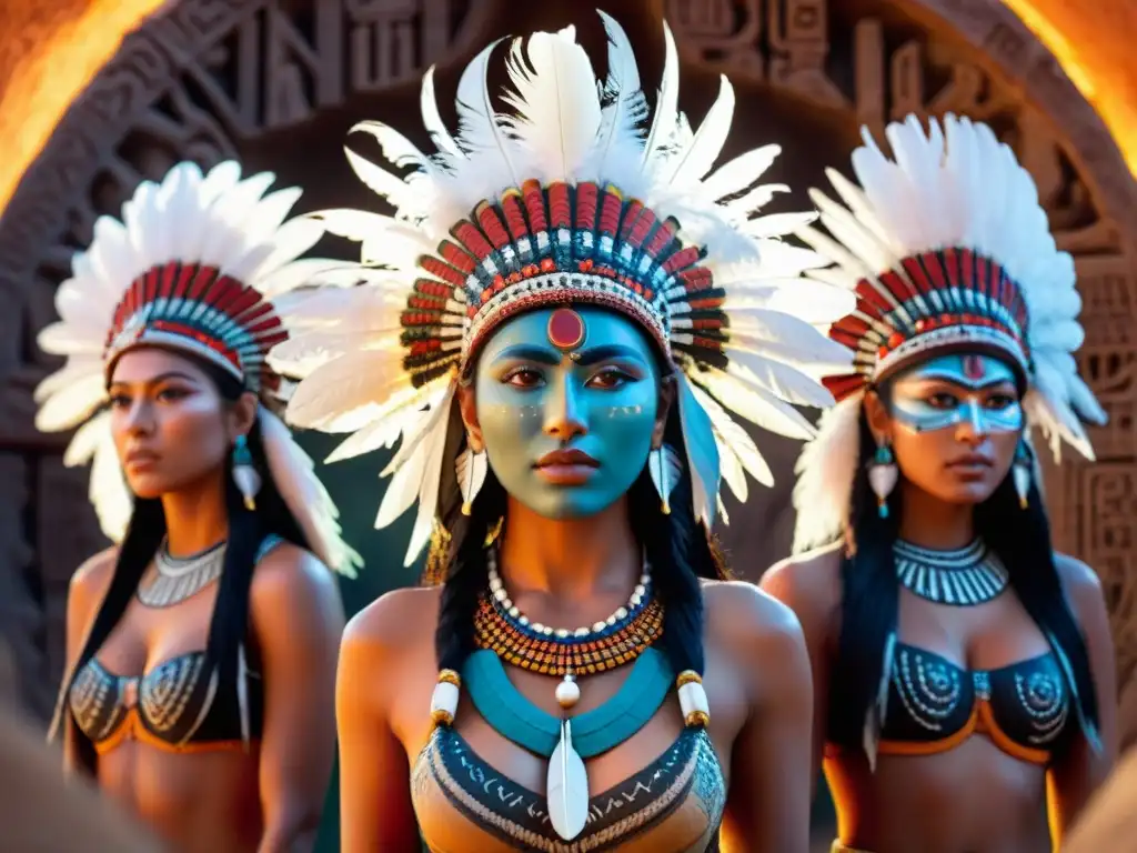 Jóvenes con tocados de plumas en círculo sagrado, rodeados de glifos y símbolos antiguos al atardecer