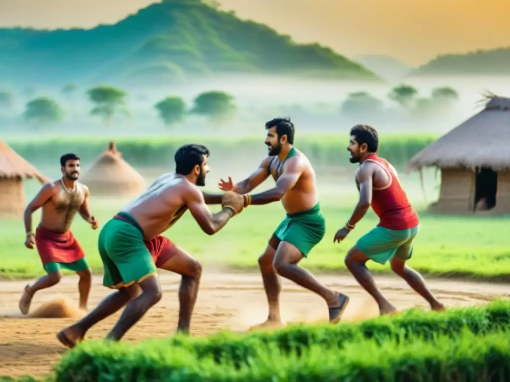 Juego de Kabaddi en India: Hombres con trajes coloridos y expresiones intensas en un campo rural