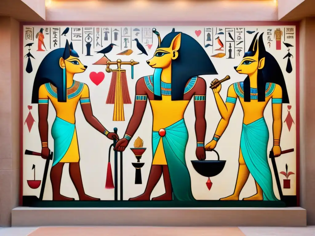 En el juicio moral en el Más Allá Egipcio, Anubis pesa el corazón del difunto con la pluma de Ma'at, mientras Thoth observa