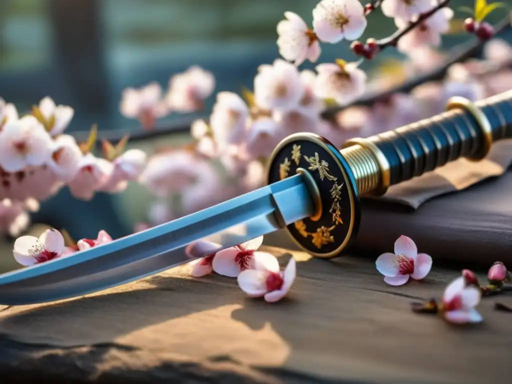 Una katana japonesa descansa en pétalos de cerezo, reflejando la filosofía samurái desarrollo personal