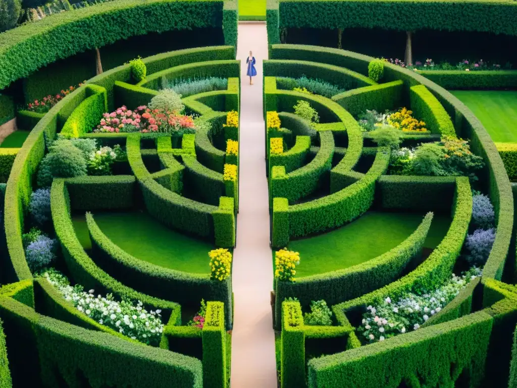 Un jardín laberíntico con senderos de setos verdes que conducen a un espacio circular