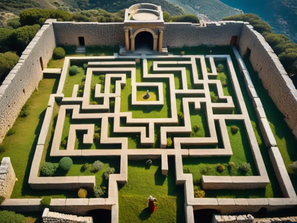 Explora el laberinto del Minotauro en Creta, con sus intrincados pasillos y misteriosas cámaras, evocando la atmósfera mítica de la antigua Grecia