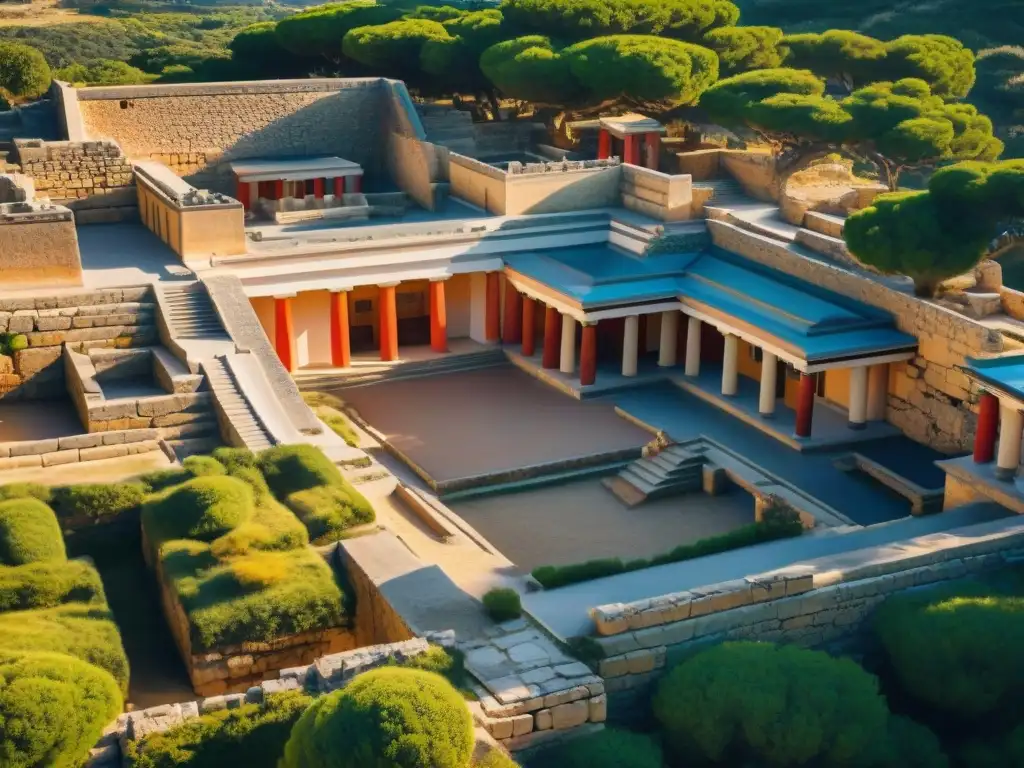 Laberinto misterioso de Knossos en Creta, evocando la mitología del Minotauro y la grandiosidad de la civilización Minoica
