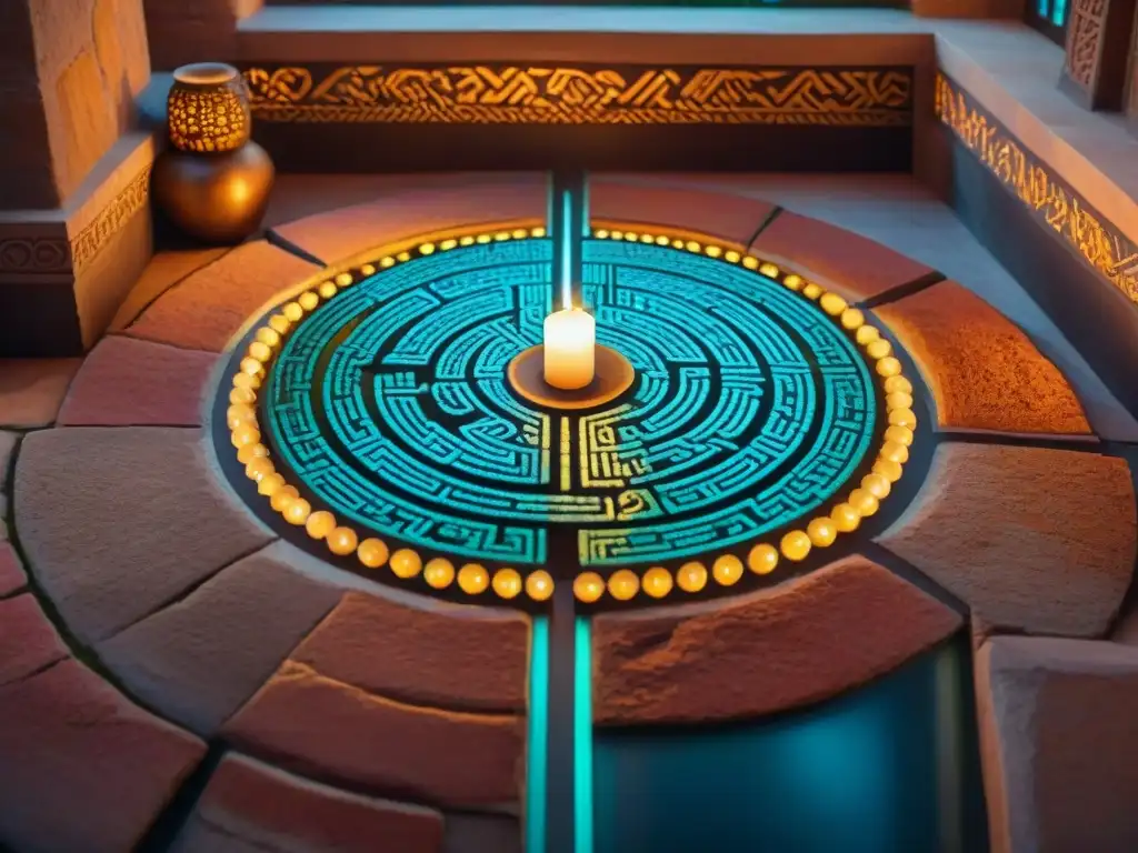 Laberinto de mosaicos: colores vibrantes y atmósfera mística Un laberinto de mosaicos con simbolismo en caminos internos, rodeado de luz y misterio