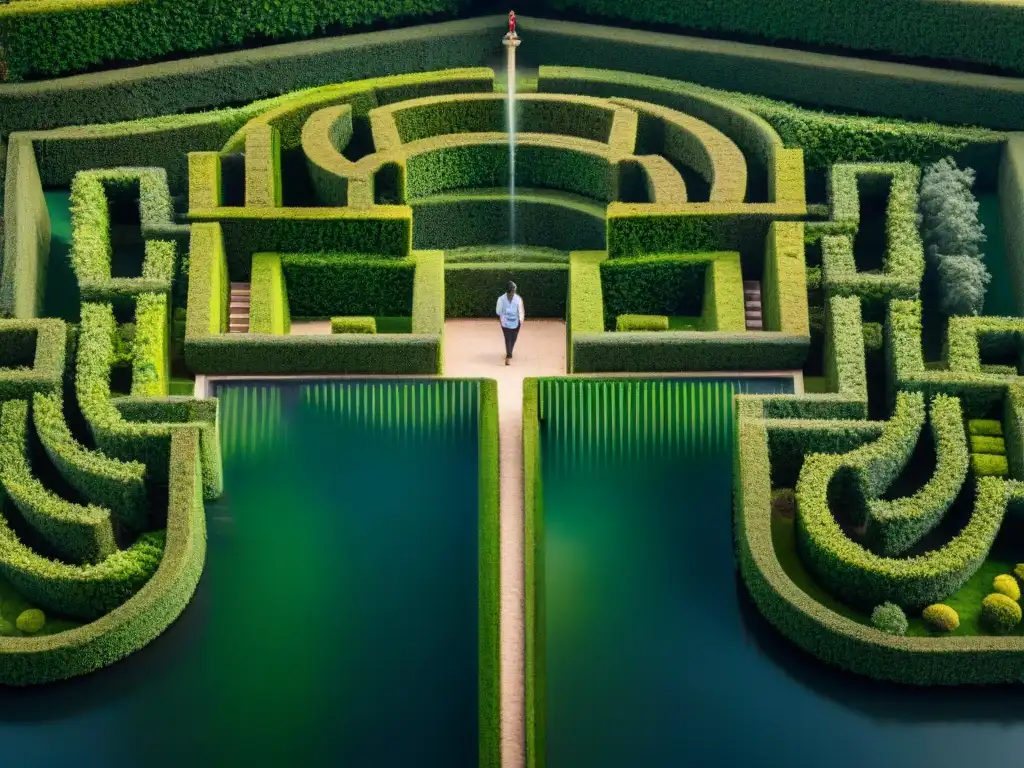 Laberinto como símbolo de transformación: Vista aérea de un laberinto verde con senderos serpenteantes y juego de luces y sombras