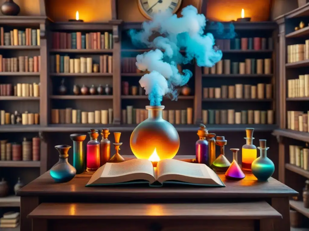 Un laboratorio de alquimia antiguo con frascos burbujeantes, humo misterioso y libros polvorientos, bañado en luz de velas cálida