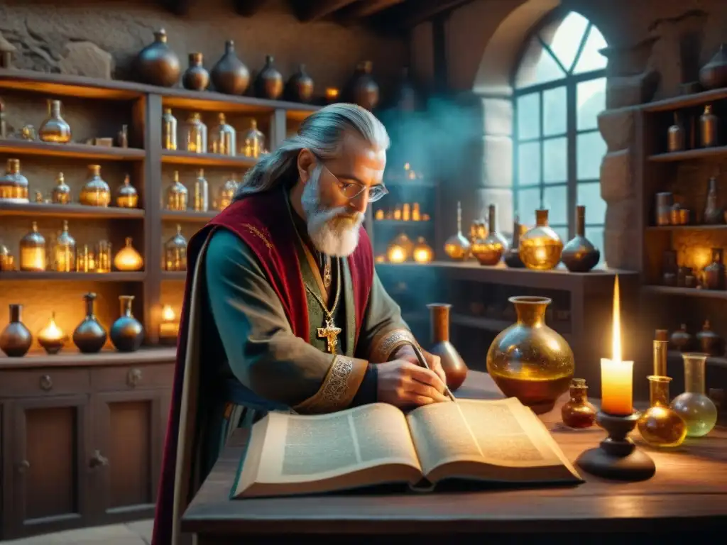 Imagen 8k: Laboratorio de alquimista con la Piedra Filosofal En el laboratorio de un antiguo alquimista, se revela el mito de la Piedra Filosofal en una atmósfera mística y detallada