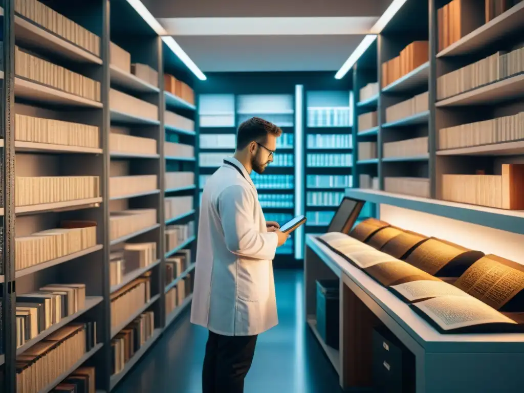 Laboratorio de restauración digital: escaneo de manuscritos antiguos Un laboratorio de restauración digital donde se escanean manuscritos antiguos detalladamente