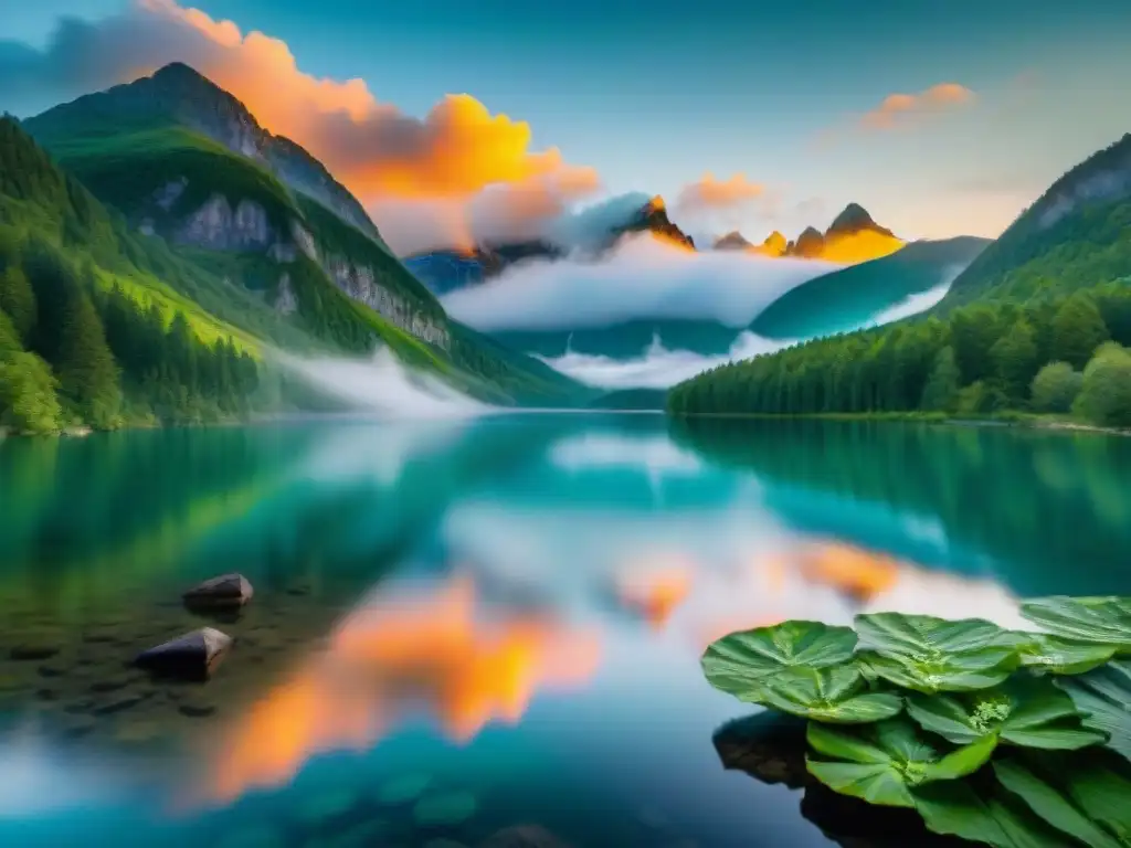 Un lago cristalino reflejando un atardecer vibrante, rodeado de bosques verdes y montañas, simbolizando paz y conexión genuina