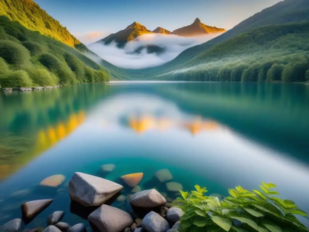 Un lago cristalino rodeado de vegetación, con agua energizada y colores vibrantes al atardecer