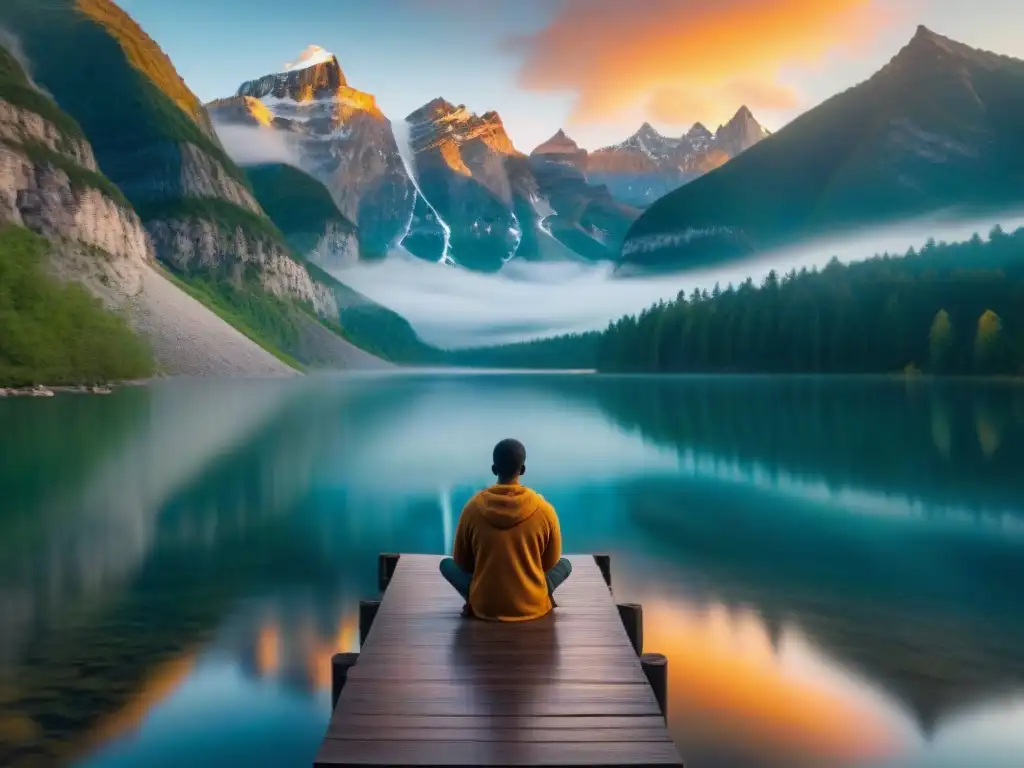 Un lago tranquilo entre montañas, reflejando un atardecer radiante