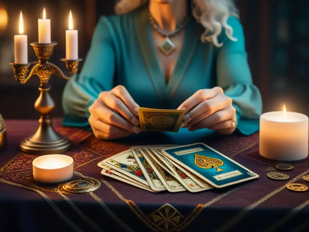 Un lector de cartas experimentado en una mesa iluminada por velas, rodeado de misterio y técnicas avanzadas lectura cartas futuro