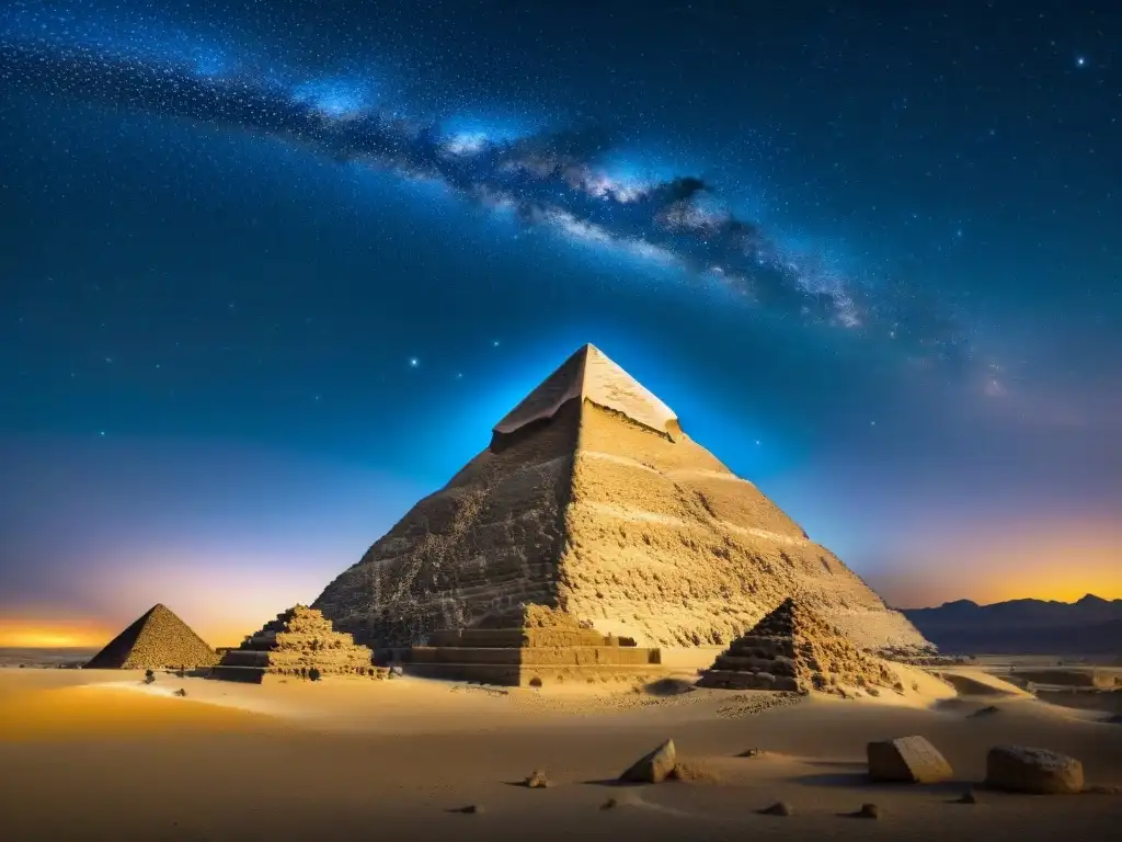 Legado astronómico pirámides Egipto: La Gran Pirámide silueteada bajo un cielo estrellado, mostrando su conexión con las constelaciones