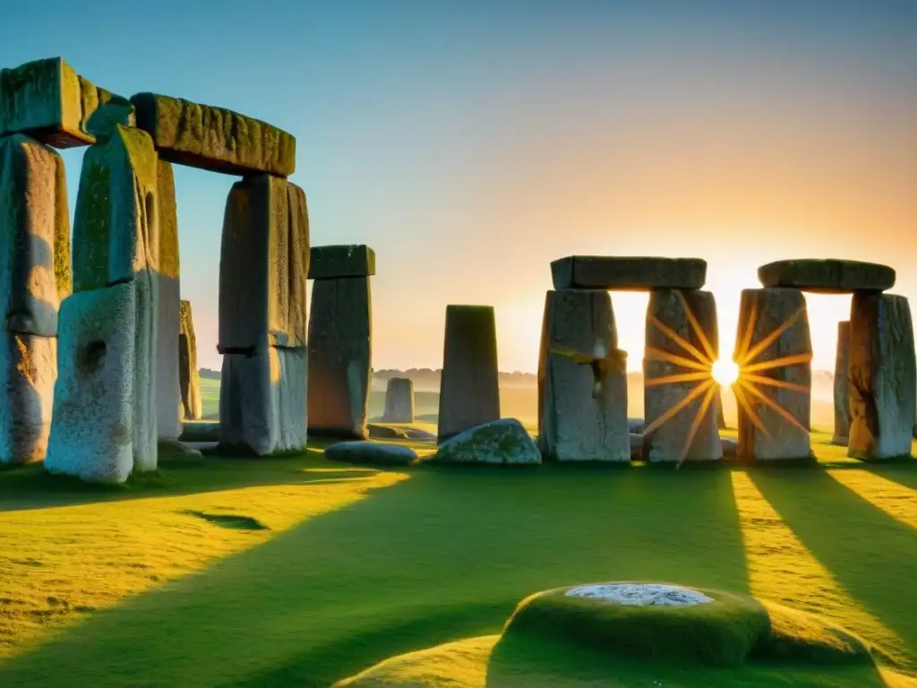 Legado de constructores antiguos influencia: detallados grabados en piedra de Stonehenge al atardecer, resaltando su grandiosidad y misterio