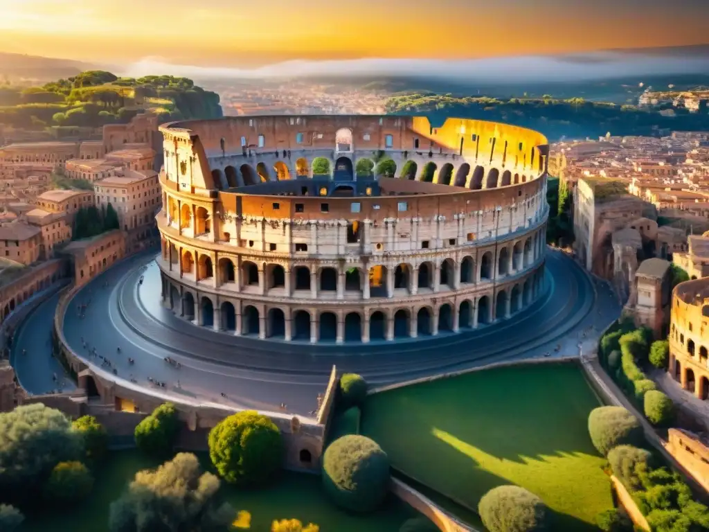 El legado de constructores antiguos influencia: Una vista aérea del Coliseo Romano al atardecer, resaltando su grandiosidad y arquitectura