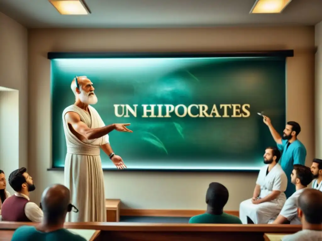 Legado de Hipócrates enseñanzas medicina: Hippocrates imparte una clase médica en una antigua aula griega con estudiantes atentos