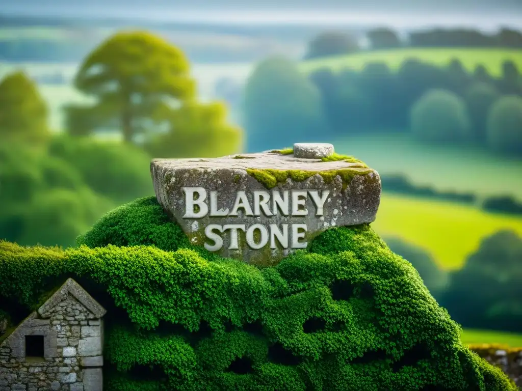 La legendaria Piedra de Blarney, bañada por la luz del sol, rodeada de exuberante vegetación y la arquitectura del Castillo de Blarney