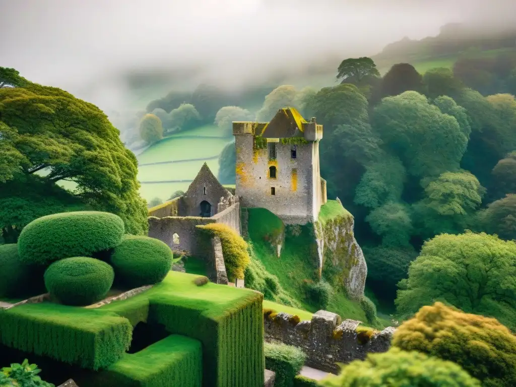 La legendaria Piedra de Blarney en el Castillo de Blarney en Irlanda, rodeada de vegetación exuberante bajo la luz del sol, revelando detalles de su superficie y las murallas cubiertas de musgo