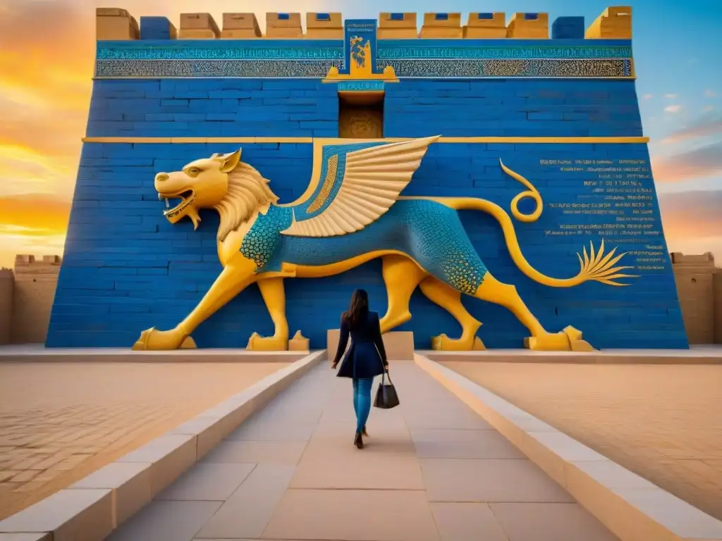 La legendaria puerta de Ishtar en Babilonia, con sus misteriosos detalles azules de dragones y toros, se alza imponente bajo el cielo mesopotámico