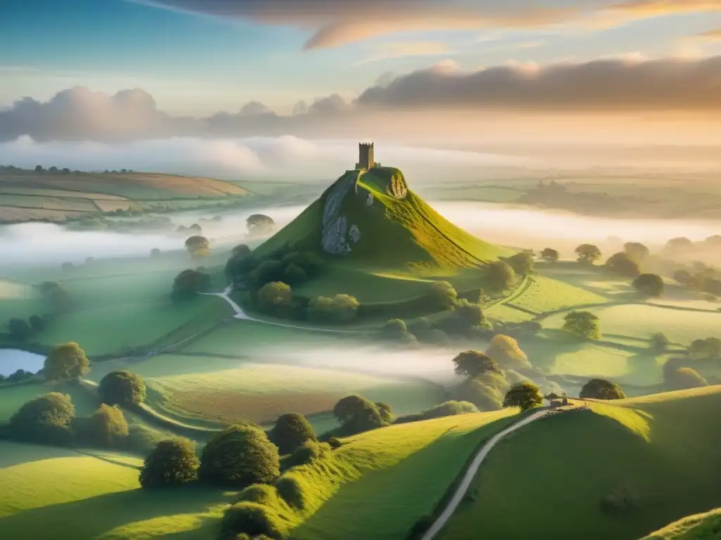 La legendaria Torre de San Miguel en Glastonbury Tor destaca en un atardecer vibrante, evocando la magia de Avalon y misterios antiguos civilizaciones