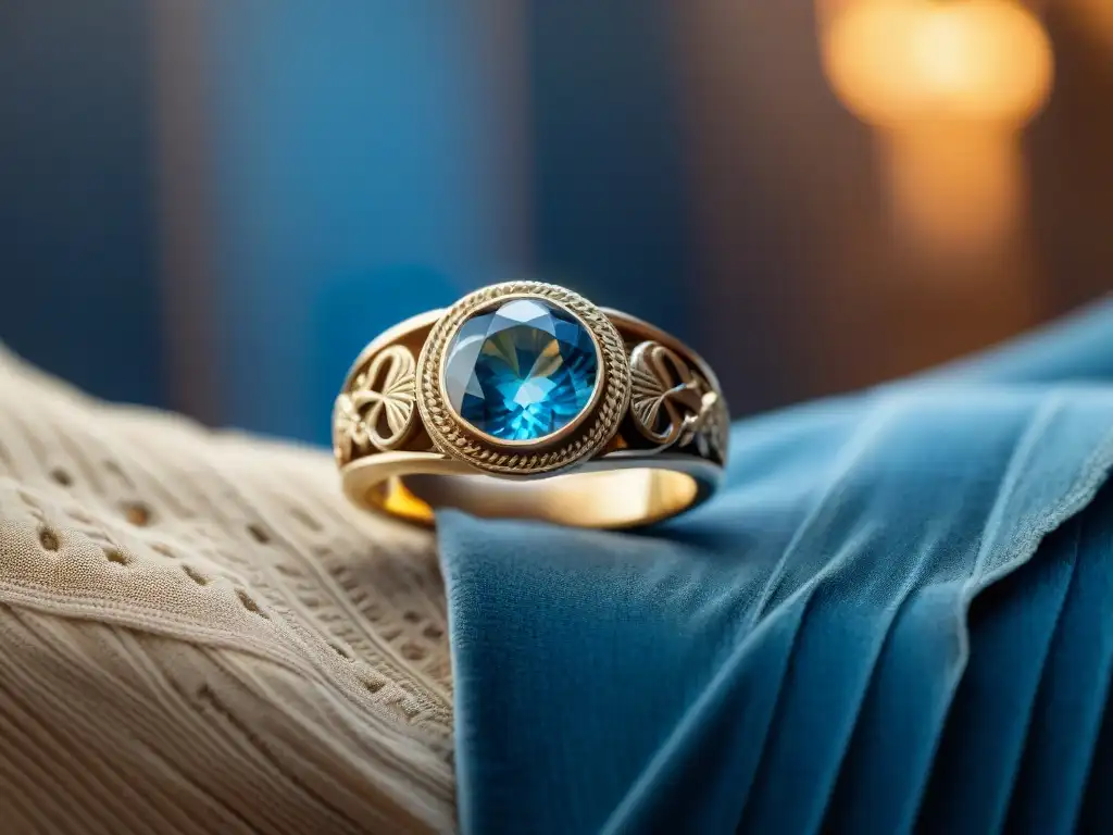 El legendario Anillo de Giges historia, una joya dorada con detalles intrincados y una gema azul, brilla sobre una almohada de terciopelo oscuro