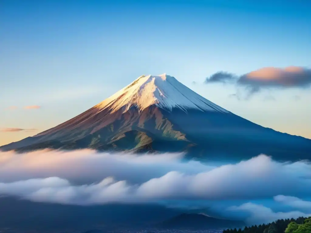 La leyenda de los dioses y espíritus se refleja en el Monte Fuji al amanecer, envuelto en nubes etéreas