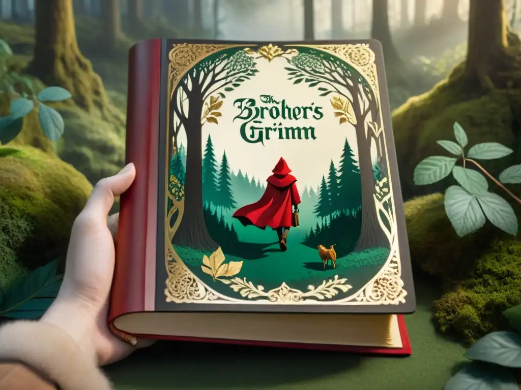 Libro ilustrado con escena de Caperucita Roja en bosque encantado, reflejando el legado actual de historias hermanos Grimm