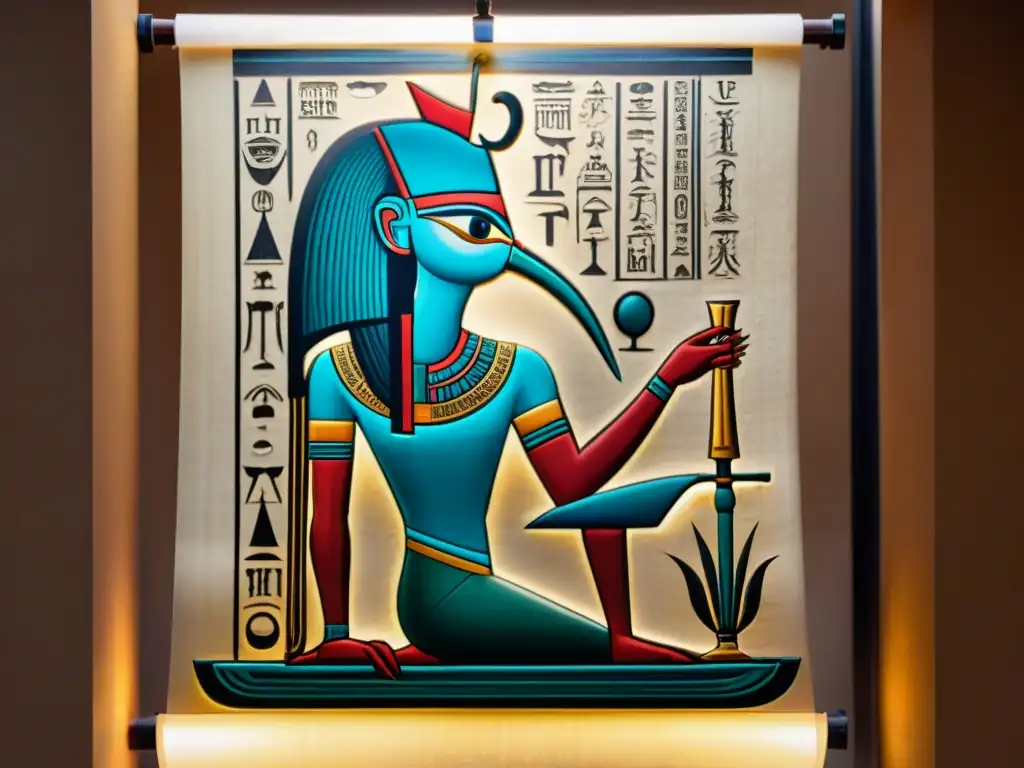 El Libro de Thoth egipcio: la sabiduría ancestral del dios Thoth se revela en un pergamino intrincado en una cámara misteriosa