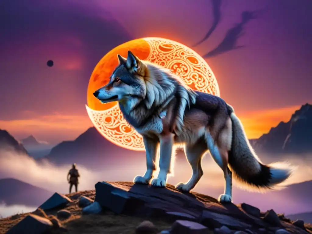 Un lobo gigante de la Mitología Nórdica, Fenrir, acechando en un eclipse solar, su furia palpable en el cielo púrpura y naranja