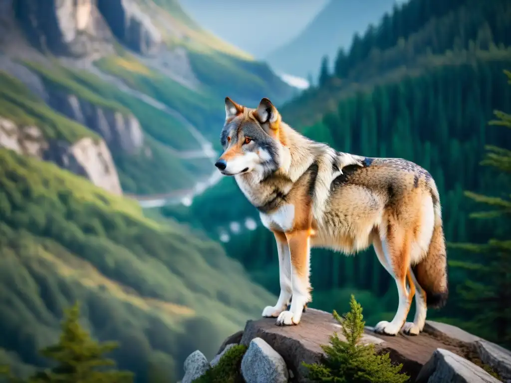 Un lobo majestuoso en un acantilado, con mirada sabia y fuerte