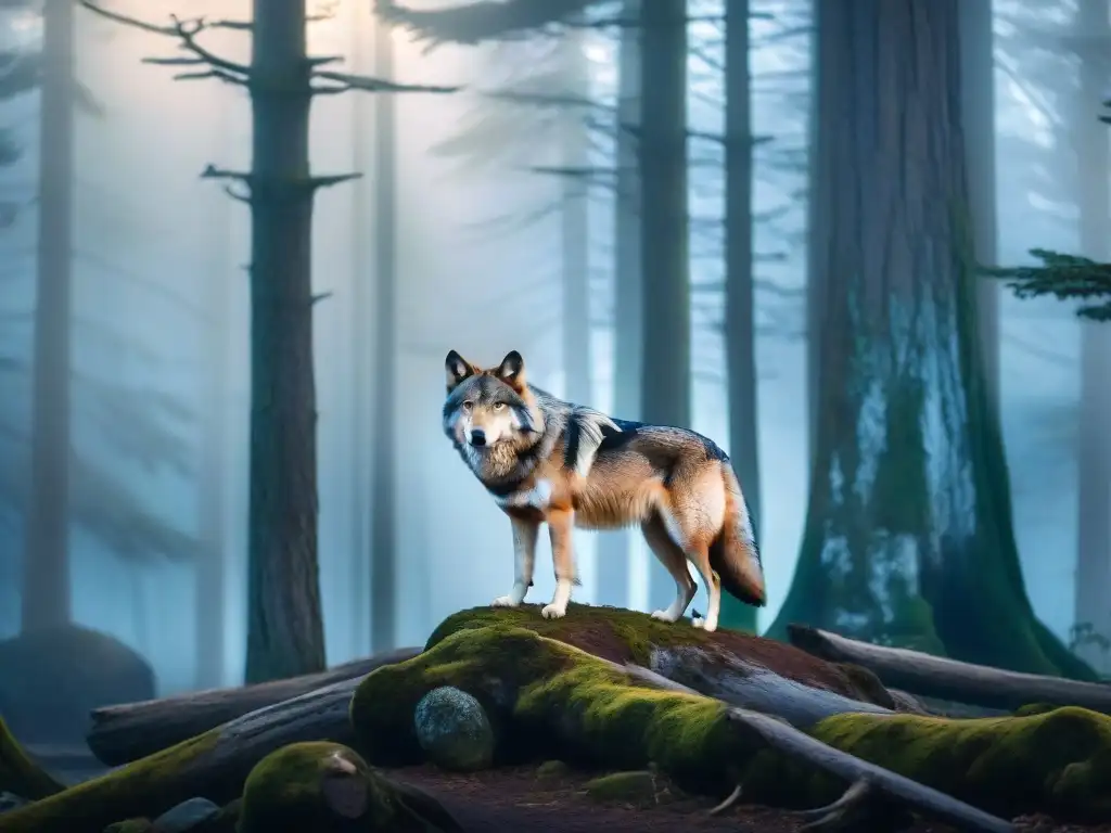 Un lobo majestuoso en un bosque místico al crepúsculo