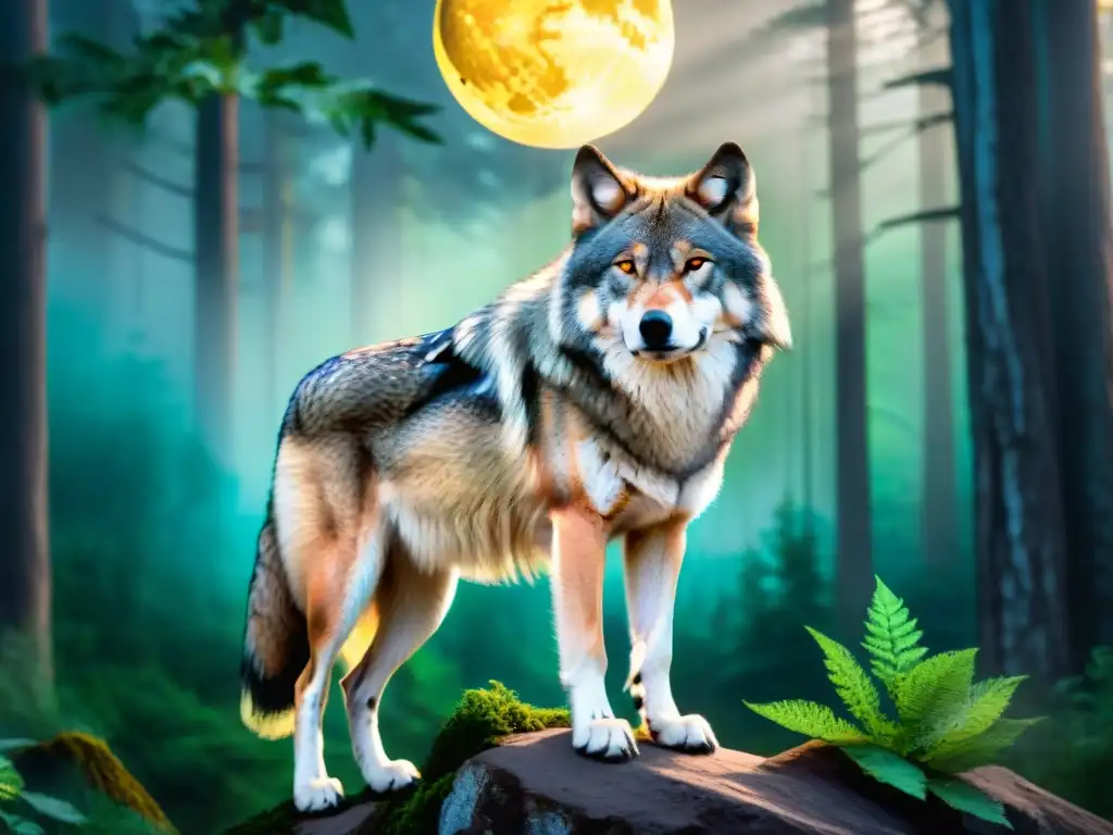 Un lobo majestuoso en un bosque místico bajo la luna llena, evocando fuerza y sabiduría