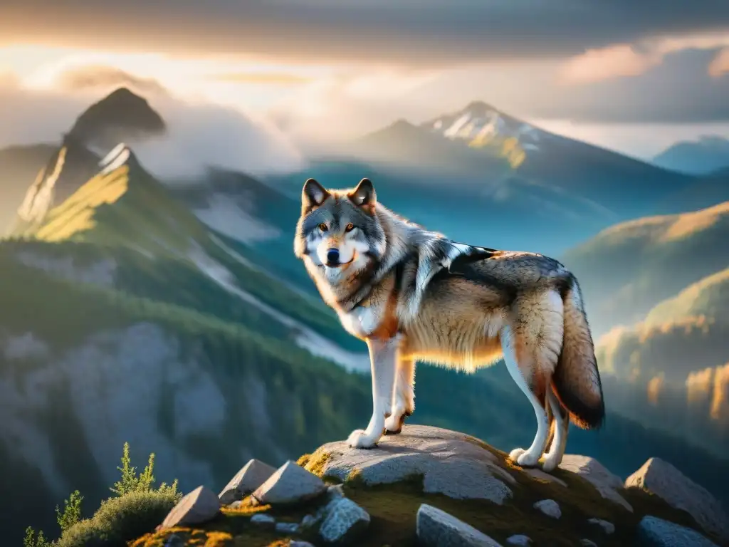 Un lobo majestuoso en la cima de la montaña al amanecer