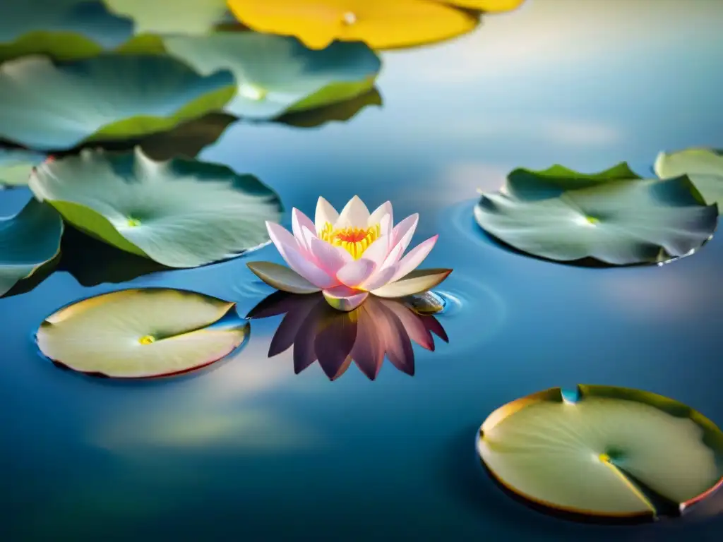 Lotus: símbolo de paz y autodescubrimiento Un loto vibrante flotando en agua, simbolizando el crecimiento y la paz interior