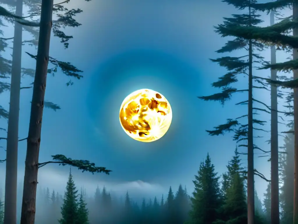 La luna llena brilla en el cielo nocturno sobre un bosque místico, creando una atmósfera encantadora