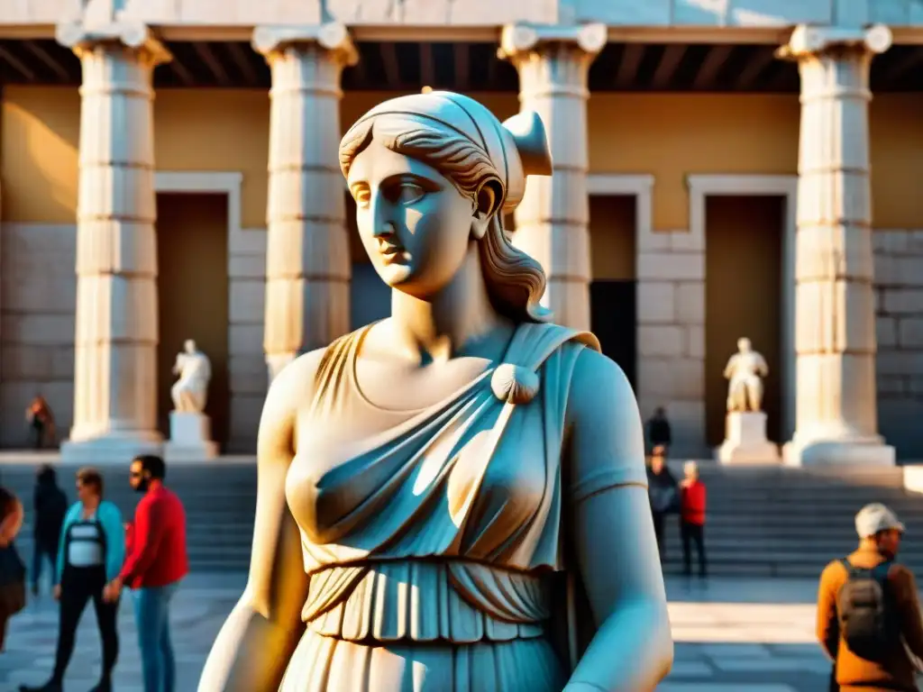 La luz del sol revela los detalles de la estatua de Atenea, diosa de la sabiduría, en la antigua Ágora de Atenas