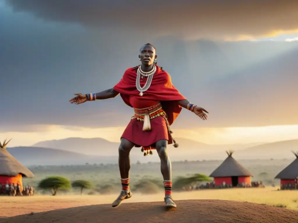 Maasai saltando al atardecer en rito de pasaje, tribus africanas