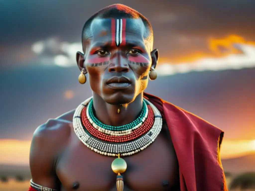 Maasai guerrero con atuendo tradicional en la llanura del Serengeti al atardecer, resaltando los ritos de paso tribus africanas