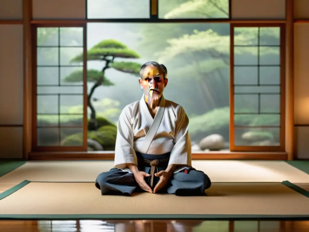 Maestro de Aikido ejecutando movimientos fluidos en dojo sereno, reflejando la Filosofía Aikido y Yoga pacífico