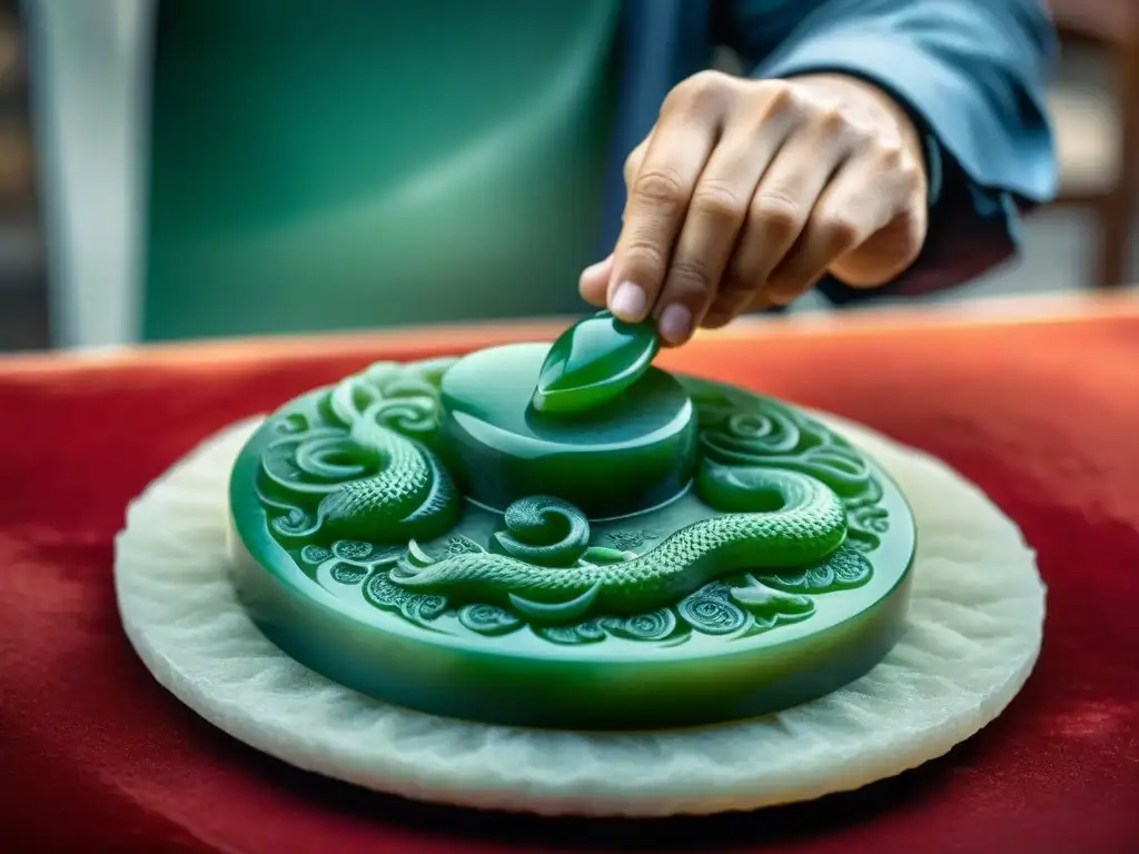 Maestro artesano tallando jade con destreza, creando un talismán de jade antigua en China