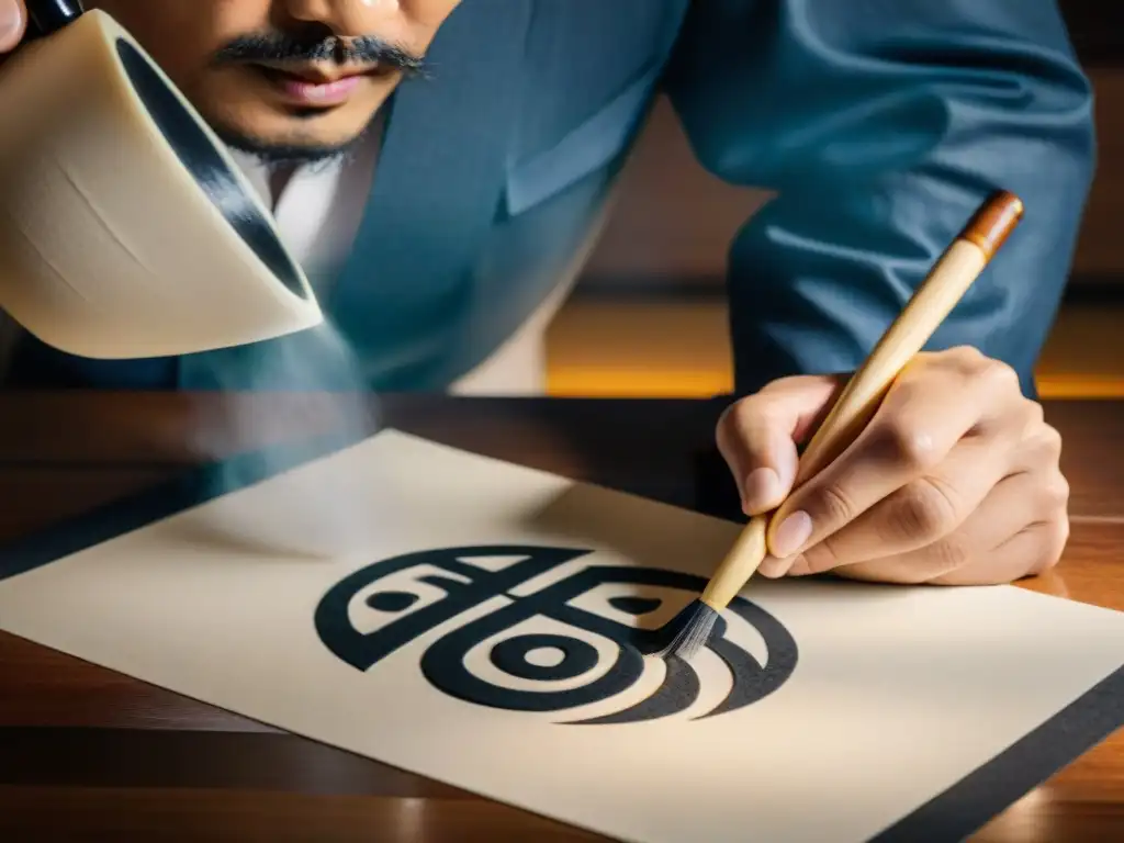 Maestro de caligrafía japonesa creando kanji con precisión Un maestro de caligrafía japonesa crea kanji con precisión en papel washi