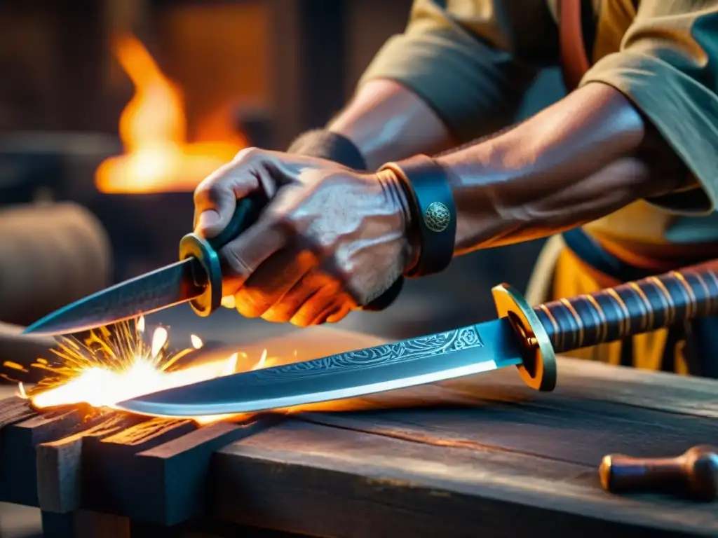 Un maestro forja una espada samurái en su taller antiguo, destacando la precisión y arte de los rituales de iniciación samurái tradicionales