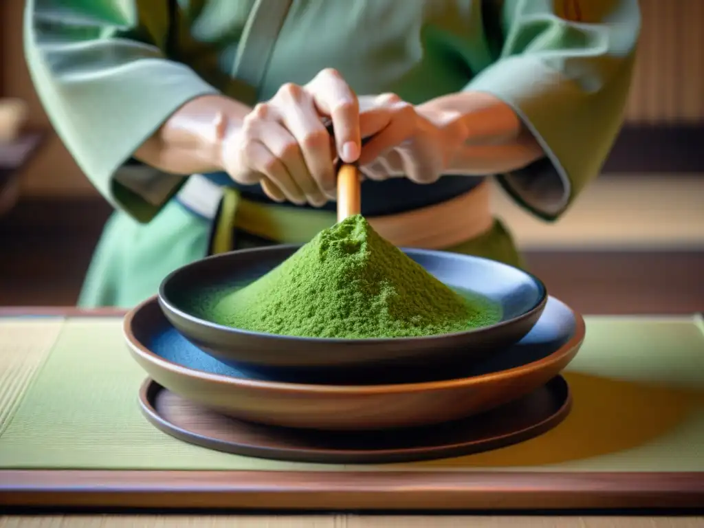 Un maestro de té japonés realiza la Ceremonia del Té en Japón, mostrando elegancia y concentración en cada movimiento