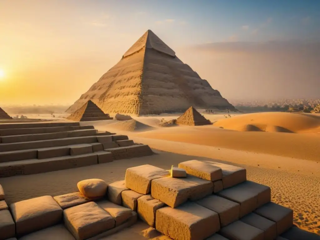 Magia ancestral en la Gran Pirámide de Giza al atardecer, con sombras en bloques de piedra: Pirámides antiguas: tumbas o portales