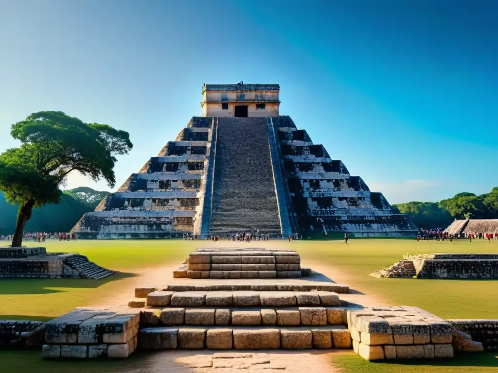 Magia en el Festival de Kukulkan serpiente emplumada: sombra del dios descendiendo la pirámide en Chichén Itzá