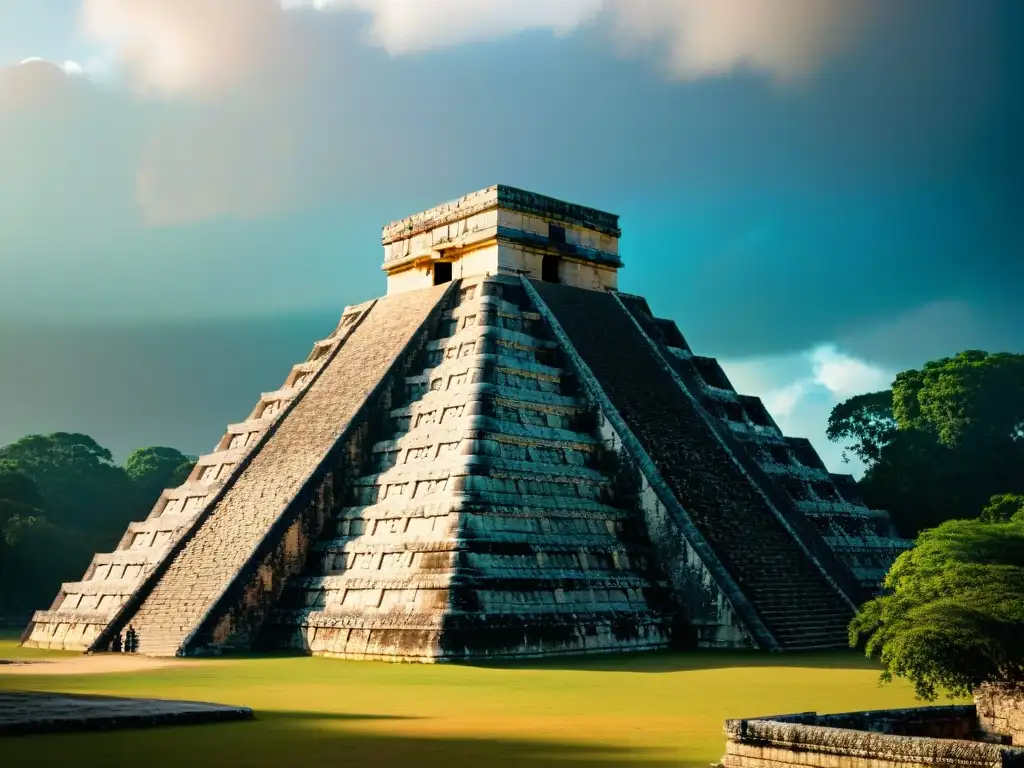 Magia de luz y sombra en el antiguo El Castillo de Chichén Itzá, efectos lumínicos en arquitectura antigua