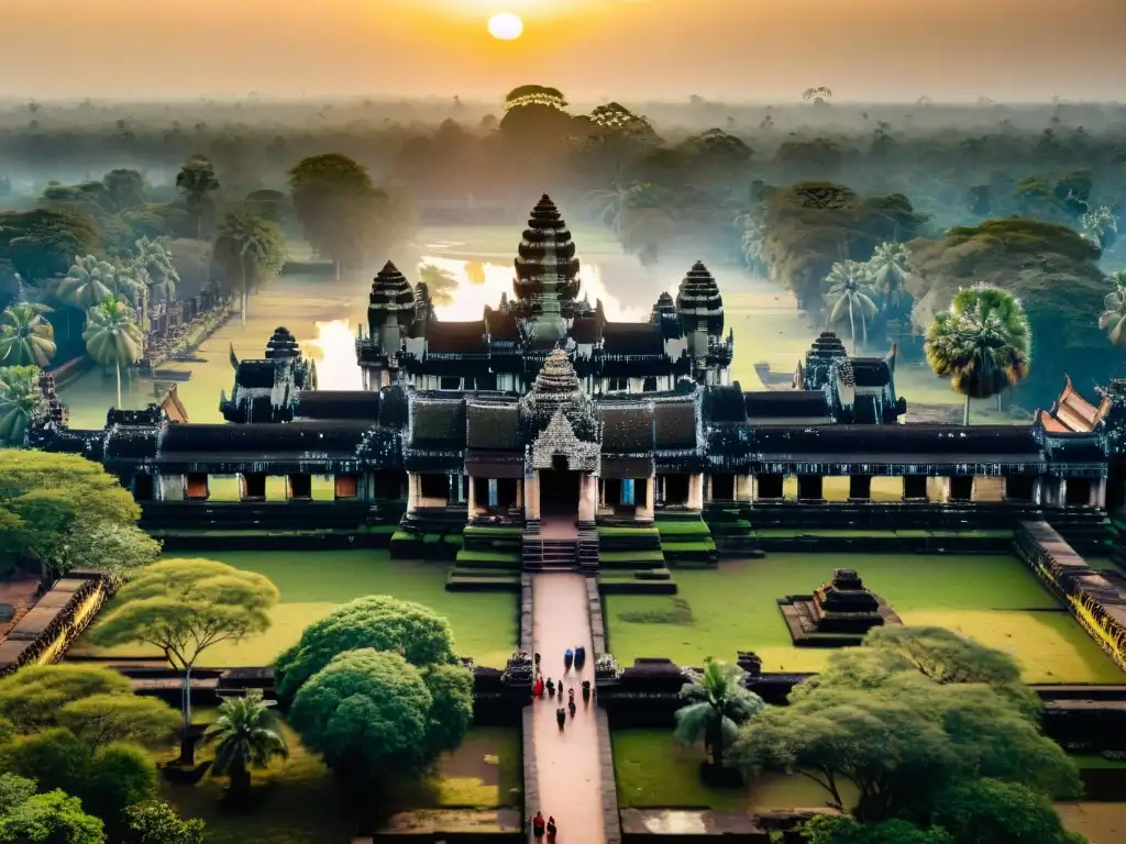 Descubre la magia del Renacimiento en Angkor Wat al amanecer, revelando sus detalles intrincados entre la exuberante vegetación