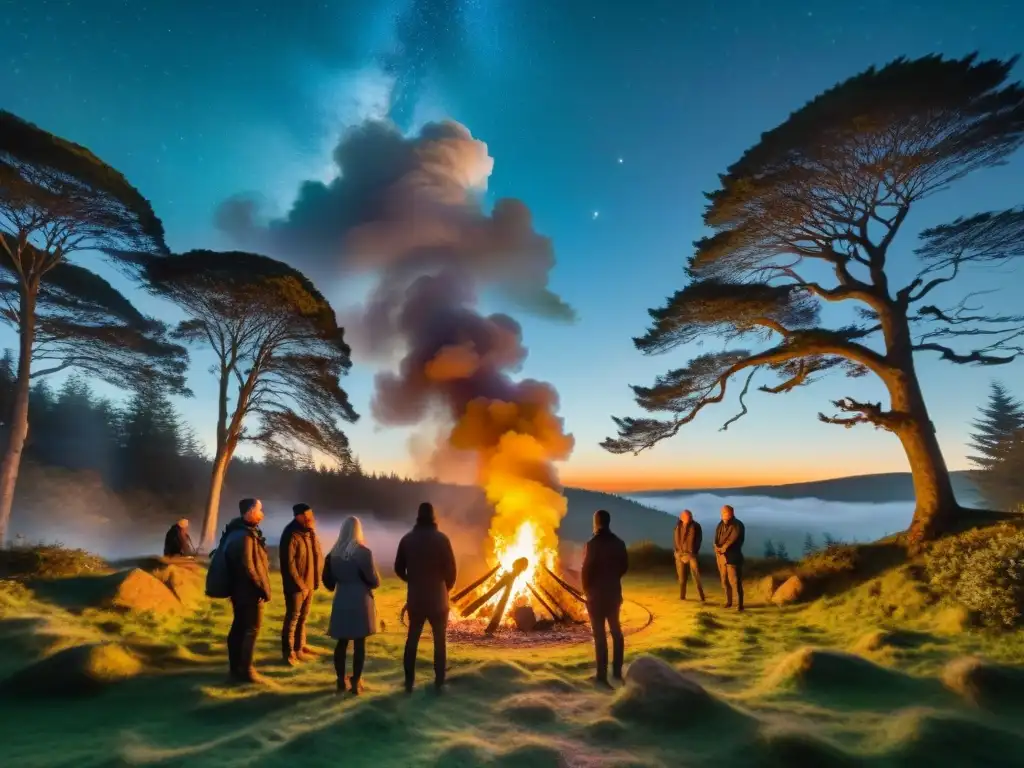 Celebración mágica en el bosque: Orígenes celtas de Halloween Samhain con fogata y ruinas antiguas