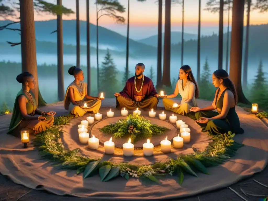 Una mágica ceremonia de Wicca en el bosque al atardecer, con participantes diversos y un altar colorido