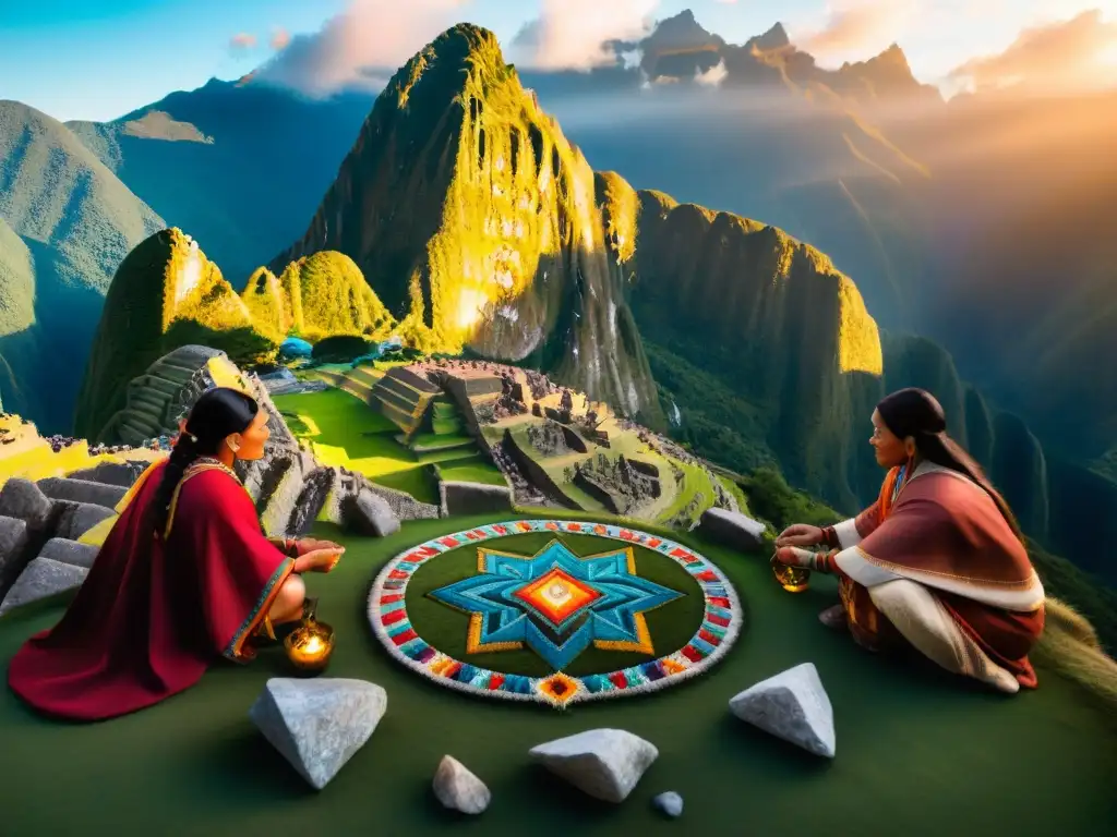 Una mágica ceremonia de Cristaloterapia en civilizaciones antiguas en Machu Picchu al atardecer, con Incas y cristales coloridos